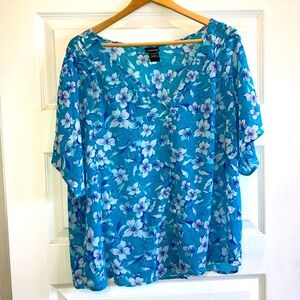 TORRID Floral Chiffon Button Front Blouse aqua blue whte sheer size 1 14/16 boho